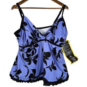 NWT Miraclesuit Womens Blue Black Tankini Top Sz 20W Tummy Control Floral Swim
